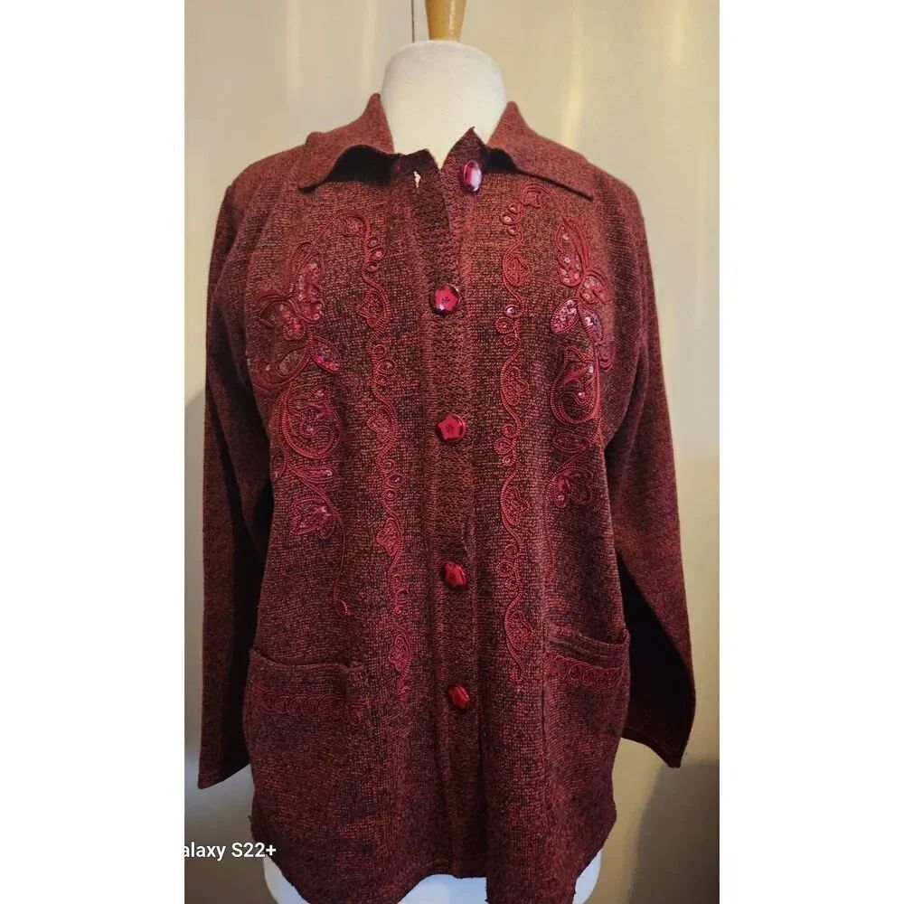 C53 TC Fashion red sweater cardigan floral ribbon & sequin design flower buttons